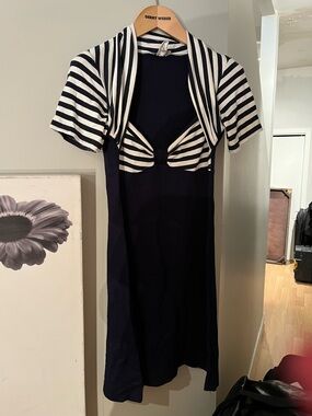 Navy Dress with Blue  & White Strip Bolero Detail